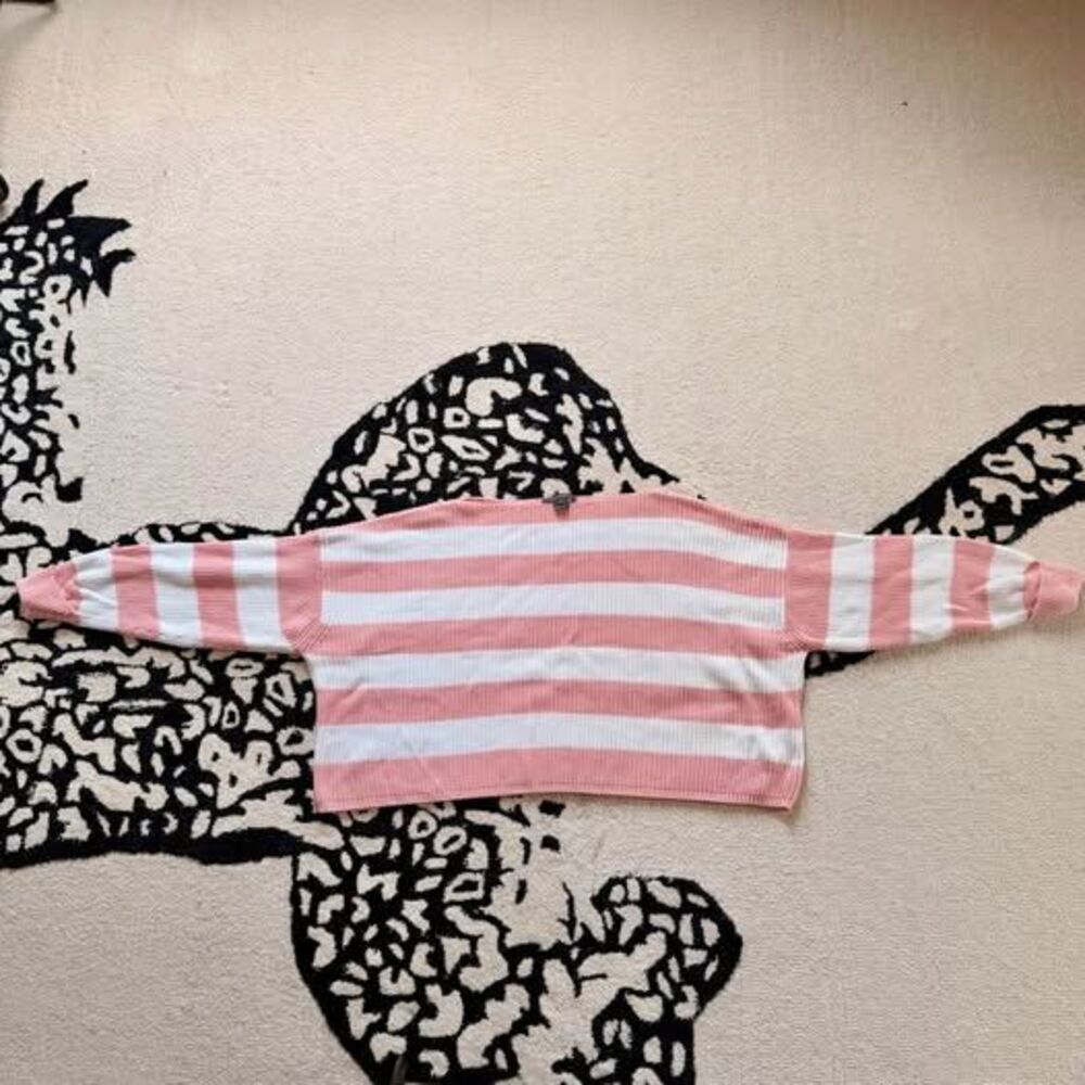 French Connection Pink White Striped Cropped Knit Top Sweater L